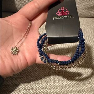 5/$25 Paparazzi Blue and Silver Bracelet Set with a snowflake necklace